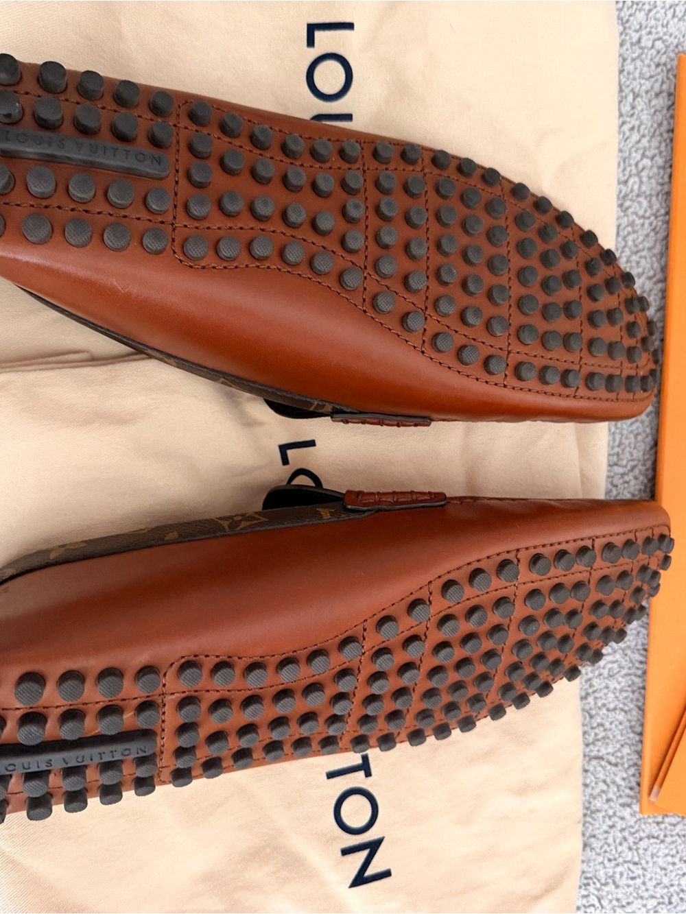 Louis Vuitton Brown Leather Men’s Slip-On Loafers with Gold LV Hardware - Picture 6 of 9